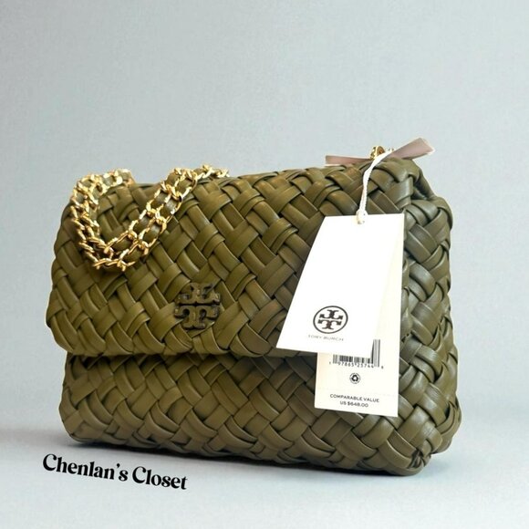 Tory Burch Woven Chain Shoulder Bag Olive Green Leather With Gold Chain  NWT - Picture 8 of 13